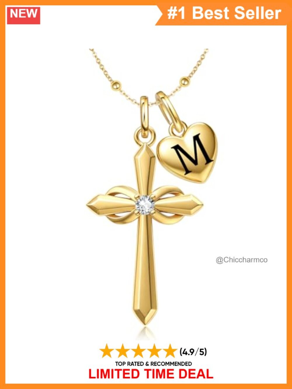 925 Sterling Silver Cross Heart Initial M Necklace 14K Gold Plated